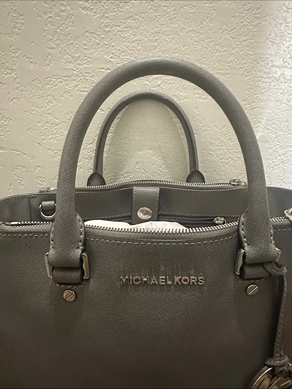 Michael Kors Taupe Saffiano Leather Satchel with Detachable Strap
